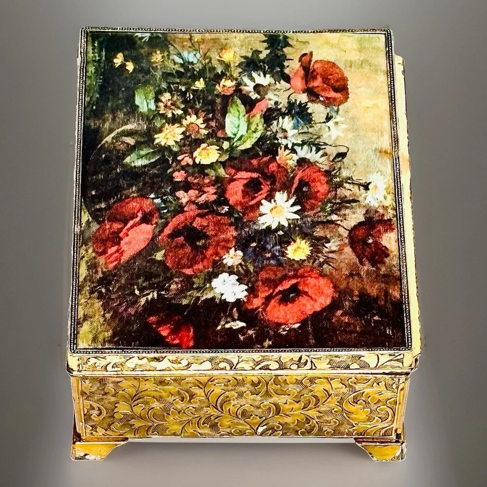 Vintage Schmid Bros Music Box Camelot Flowers Red Velvet Made In Japan Jewelry